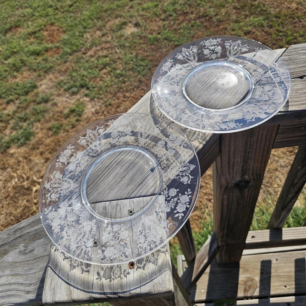 Vintage Pair of Tiffin Franciscan Cherokee Rose Etched Glass Luncheon Plates